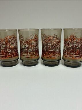Vtg Libbey Juice Glasses St Clair Winter Fall Woods Amber Brown 1970s Set of 4